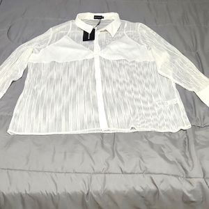 New Pretty Little Thing white stripe chiffon shirt ( size 12)